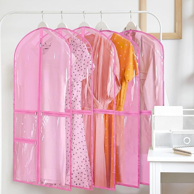 Geelin 14 Pcs Garment Bags for Dance Costumes PVC Clear with Zippers 20 x 40 Inch Garment Bag with Pockets Dance Costume Organizer Carrier for Storage Cover for Adult(Pink)