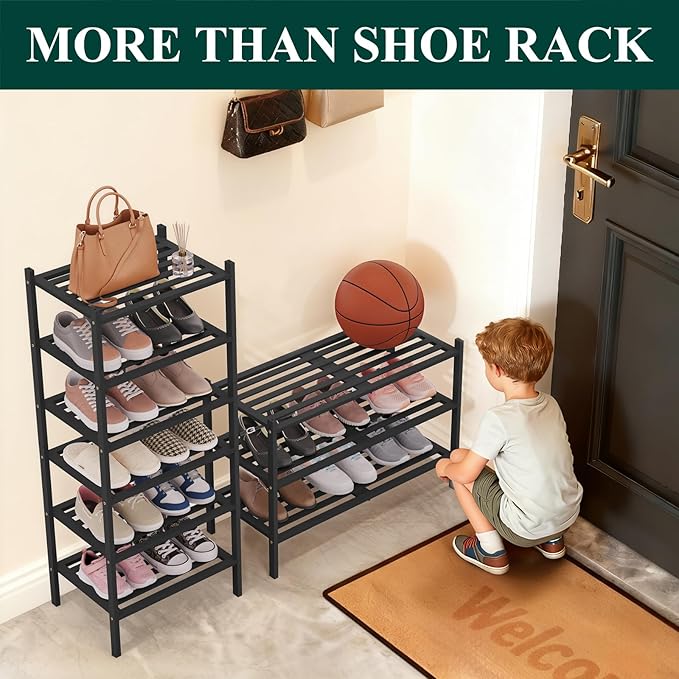 Smiry Small Bamboo Shoe Rack 6-Tier, Stackable Wooden Shoe Organizer for Entryway & Closet, Free Standing Wood Shoe Storage Shelf for Front Door & Small Spaces, Black