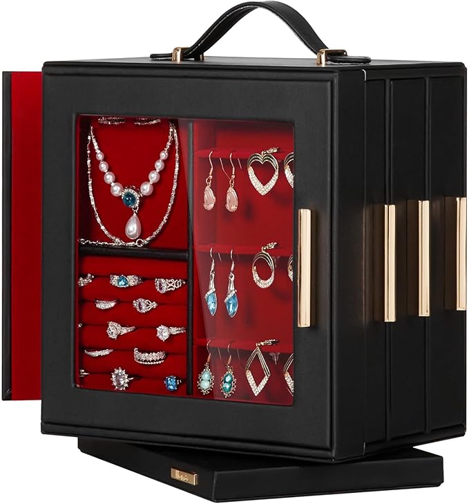 Homde Valentine's Day Gifts Jewelry Box 360° Rotating, Necklace Earring Organizer with Transparent Window, Mirror, 7 Drawers, Large Ring Display Storage Case for Girls Women (Black + Red)