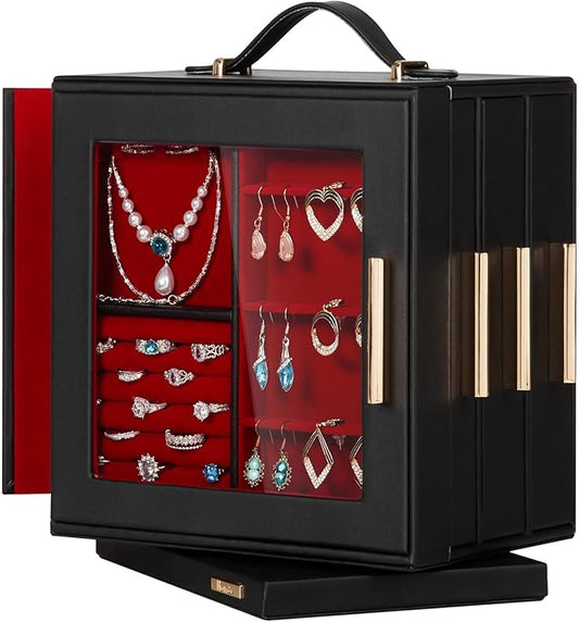 Homde Valentine's Day Gifts Jewelry Box 360° Rotating, Necklace Earring Organizer with Transparent Window, Mirror, 7 Drawers, Large Ring Display Storage Case for Girls Women (Black + Red)