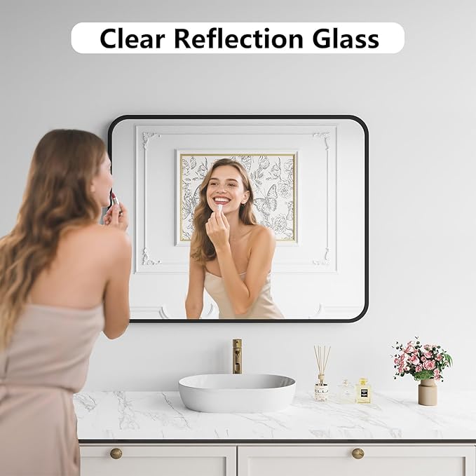 Koonmi Bathroom Mirror, 40X32 Brushed Black Metal Framed Wall-Mounted Mirror for Over Sink, HD Tempered Glass, Anti-Rust, Rounded Rectangle Mirror for Restroom, Bedroom, Hangs Horizontal or Vertical