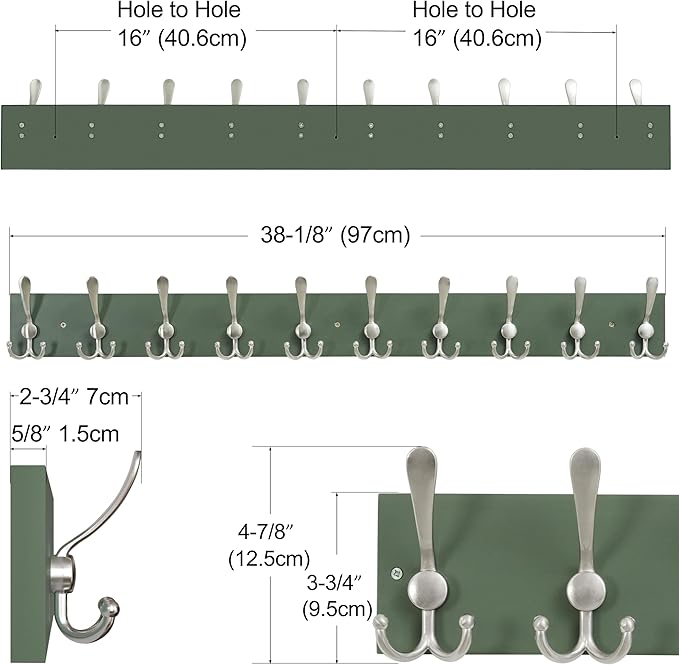 SKOLOO Creations Forest Green Solid Wood Wall Mounted Coat Rack, 10 Hooks, 38-1/8" Long - Kitchen, Mudroom, Entryway, Bathroom - Includes Mounting Hardware, Wall Coat Hanger, Towel Rack, Pack of 2