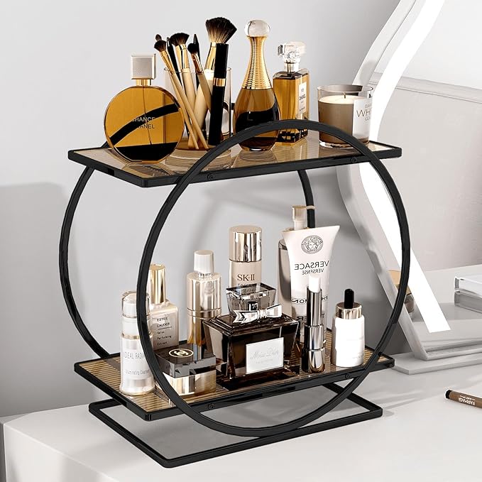 Perfume Organizer for Dresser, Black Bathroom Counter Organizer, 2 Tier Vanity Makeup Organizer, Bathroom Organizer and Storage for Skincare Cosmetic Perfume Display Stand for Bedroom Decor