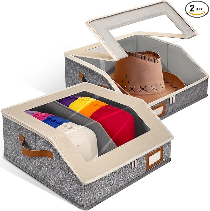2-in-1 Hat Organizer for Baseball Caps Holds 48-60 Hats Holder for Closet with Clear lid Stackable Hat Storage with Adjustable Space Cowboy Hat Box for Men Women 2 PCS White and Grey