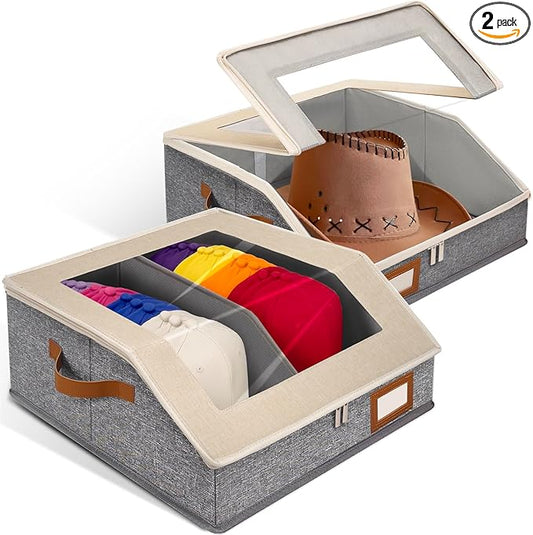 2-in-1 Hat Organizer for Baseball Caps Holds 48-60 Hats Holder for Closet with Clear lid Stackable Hat Storage with Adjustable Space Cowboy Hat Box for Men Women 2 PCS White and Grey