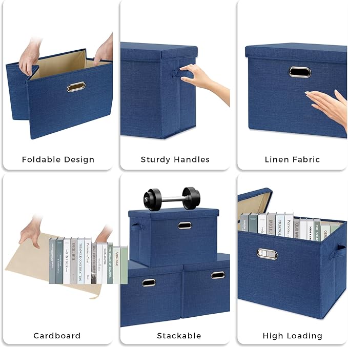 SNWDN 4 Pack Collapsible Fabric Storage Bins with Lids Fabric storage box with lids for closet organizers and storage (Dark Blue 14.6x10.6x10.2 inches)