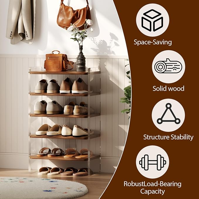 Free Standing Shoe Rack, Closet Shoe Storage Shelves for Entryway Small Space, Garage & Living Room, Wooden Shoe Stand, 5-Tier Modern Shoe Organizer, Solid Wood & Acrylic Frame with Top Shelf
