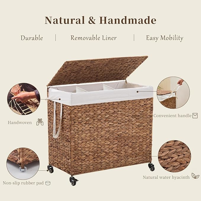 3-Section Laundry Hamper with Lid, Large Capacity Woven Natural Water Hyacinth Laundry Sorter with Removable Liners, Rolling or Non-Slip Design for Bedroom (Espresso, 3-Section)