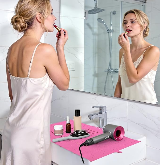 Bathroom Sink Cover for Counter Space, Foldable Silicone Sink Mat Makeup Organizer Mat Space Saver, Women’s Gifts for Valentines RV Camper Travel Must Haves Accessories, Pink