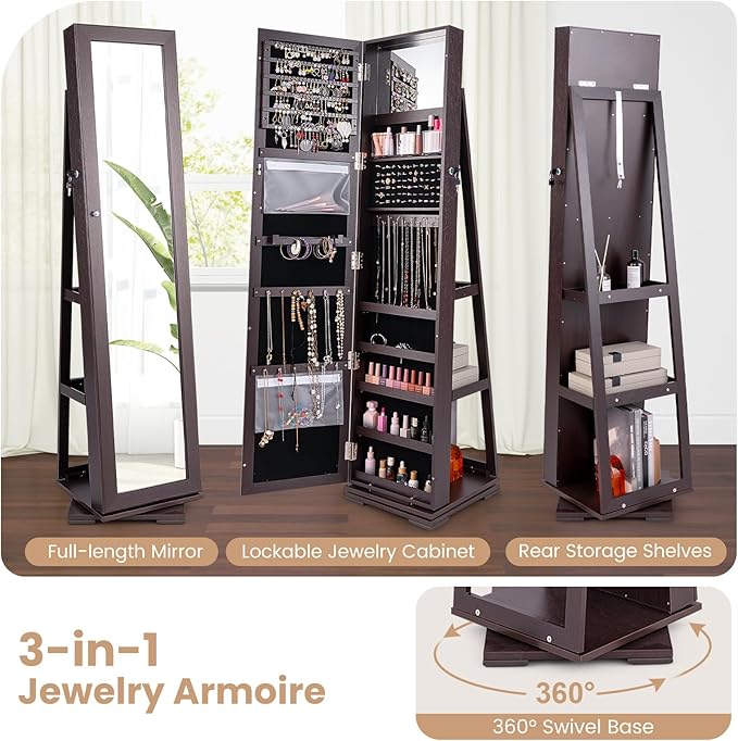 360° Swivel LED Mirror Jewelry Cabinet with Full Length Mirror, Lockable Floor Standing Mirrored Jewelry Armoire Organizer w/Inside Makeup Mirror & Back Storage Shelves, Space-Saving (Espresso)