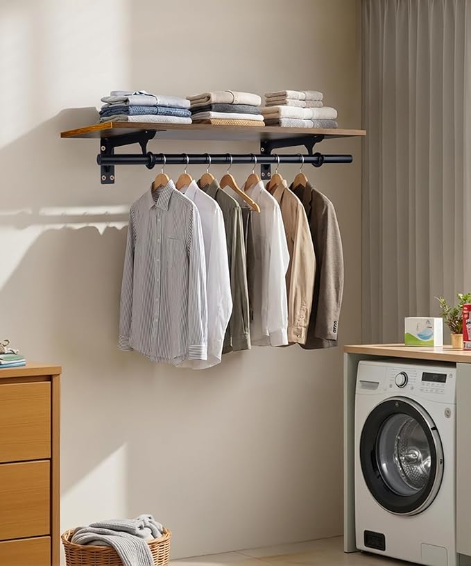FIRJOY Closet Shelf with Hanging Rod, Heavy Duty (Black, 1 PACK 11.8" x 31.4")