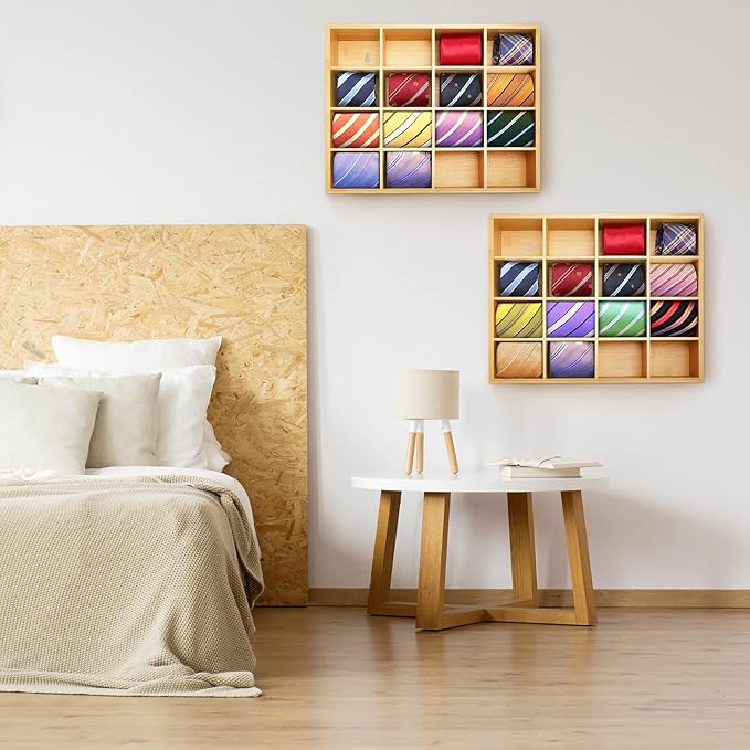 Wesiti Tie Box Organizer Wall Mounted Tie Rack with 16 Compartments Bamboo Belt Holder for Men Scarf Necktie Home Wall Closet(Wood Color,2 Pieces)