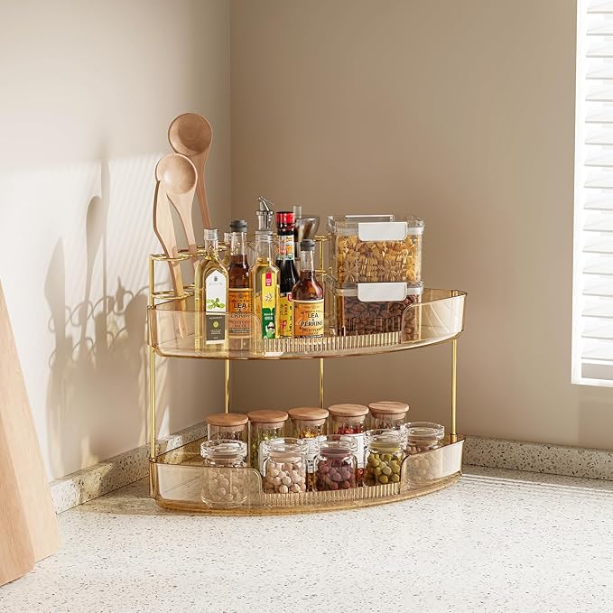 FELIZHOUSE 2-Tier Makeup Organizer for Vanity & Bathroom Countertop – Acrylic Storage Shelf with Perfume Tray & Makeup Brush Holder, Tool-Free Installation, Design for Bathroom & Dresser - Amber