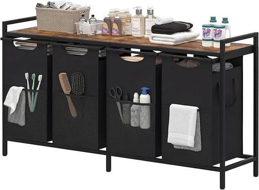 Heybly Laundry Hampers, 4 × 15Gal (228 L) Laundry Basket with Large Desktop Sorter for Laundry Room organization, Bathroom and Dorm Laundry Bags on Storage Shelf, Rustic Brown HLH004SR