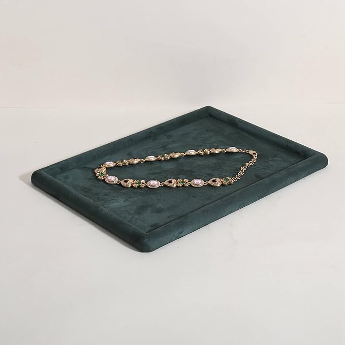 Rectangle Jewelry storage organizer plate, Velvet Jewerly display tray, Empty showcase tray for Necklace Bracelet Ring Earring【Green-Medium, 11.8 x 8.7 in 】