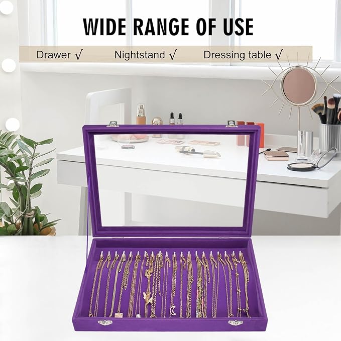 Necklace Organizer Box Premium 20 Hooks Velvet Necklace Display Jewelry Tray with Transparent Lid Jewelry Necklace Display Box for Necklace Pendants Suitable for Women and Girls (Purple)