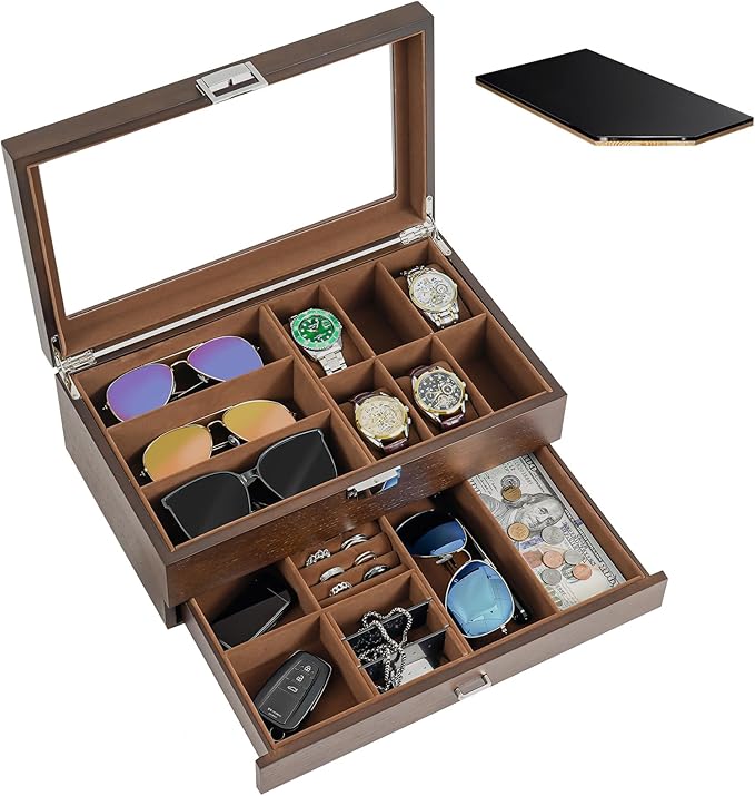 ProCase Wooden Men's Jewelry Box, 2-Tier Watch Holder and Sunglasses Box Organizer for Men, Display Cases with Clear Glass Top and Storage Drawer -Espresso