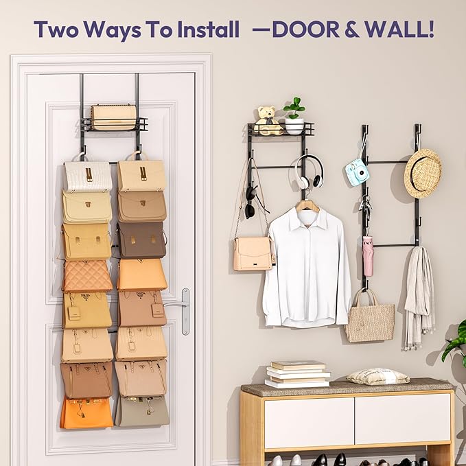 SWTYMIKI Over The Door Purse Organizer - Wall Mounted Handbag Organizer with 16 Hooks and Metal Basket, Hanging Purse Storage Rack Holds up to 16 Bags, Bag Rack Can Use As 1/2 Part, for Door, Closet