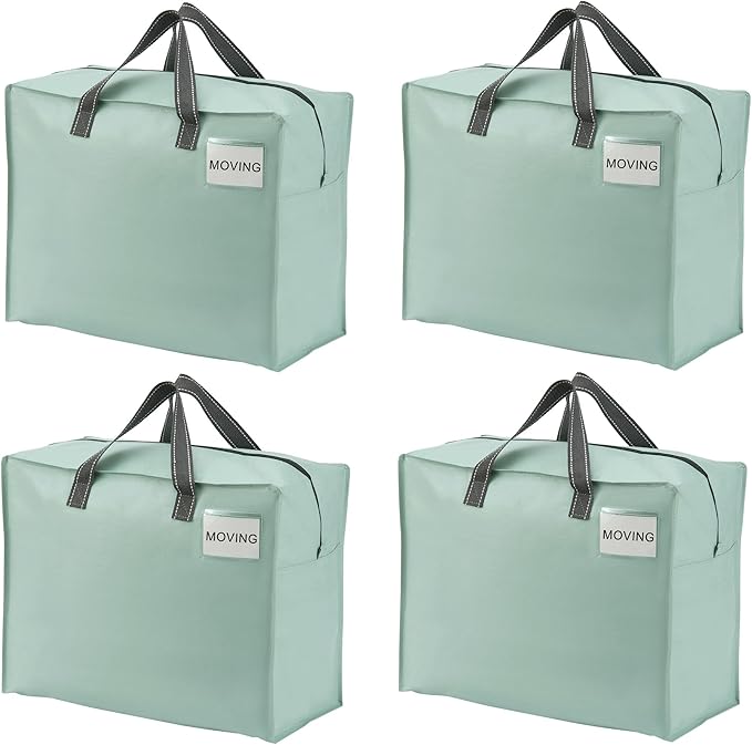 VENO 4 Pack Moving Bags, Christmas Storage Containers, Storage Totes, Zipper On Top, Sturdy, Storage Bags for Camping, Clothes, Bedding, Comforters, Pillows (13 Gallon Light Green, 4 Pack)