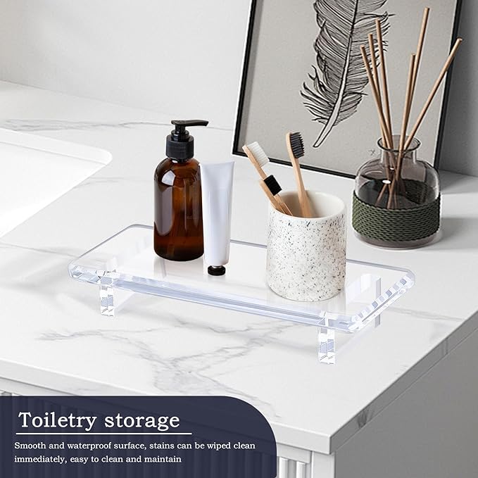 2-Pack Clear Acrylic Bathroom Vanity Tray – Multi-Purpose Waterproof Sink & Countertop Organizer, Soap/Sponge/Brush Holder, Plant & Candle Display Riser, Stain-Proof Compact Tray 8.6"×3.6"×1.5"