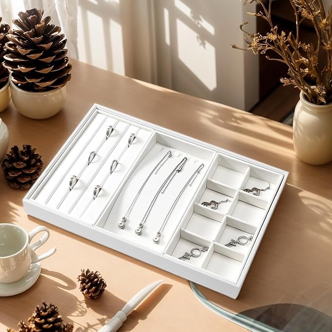 4 In 1 Leather Jewelry Trays Jewelry Drawer Organizer Tray Stackable Jewelry Trays Necklace Bracelet Ring Earring Organizer Tray(White)