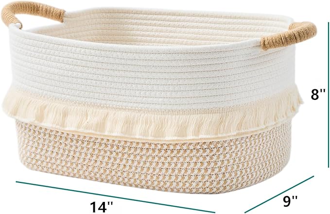 Storage Bins Woven Baskets for Storage Set of 3, Cotton Rope Basket with Handles for Toys/Shelves/Laundry, Rectangle Multi-Purpose Organizer for Living Room, Bedroom, Nursery (White/Brown)