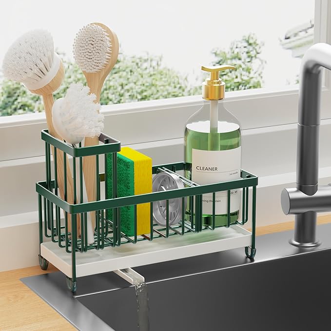 Cisily Sponge Holder for Kitchen Sink, Sink Caddy Organizer with High Brush Holder, Kitchen Countertop Organizers and Storage Essentials, Rustproof 304 Stainless Steel (Dark Green, 9.25″)