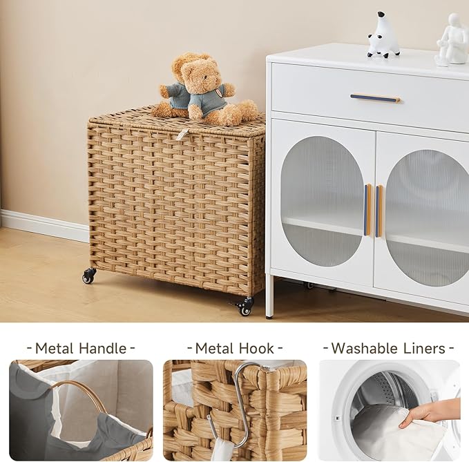 Laundry Hamper with Wheels, 34.3 Gallon(130L) Rolling Laundry Basket with Lid, Removable Large 2 Color Liners & 3 Mesh Laundry Bags, Clothes Hamper with Side Pocket, Natural