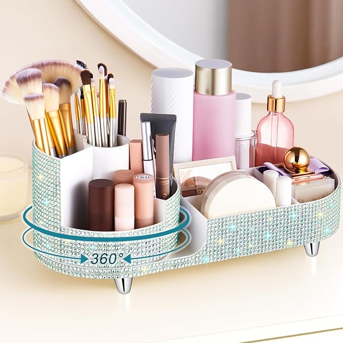 Teen Girls Women Gift 360 Rotating Bling Makeup Organizer Large Rhinestone Diamond Bathroom Organizer Girly Skin Care Brush Holder for Countertop,Bathroom Essentials (Silver,Rhinestone)