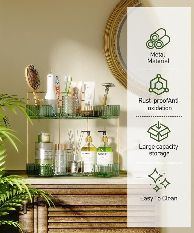 2-Tier Corner Bathroom Counter Organizer Makeup Cosmetic Storage, Tool-Free Installation Acrylic Vanity Shelf, Skin Care Organizer Perfume Tray for Countertop Bathroom, Dresser, Kitchen (Green)
