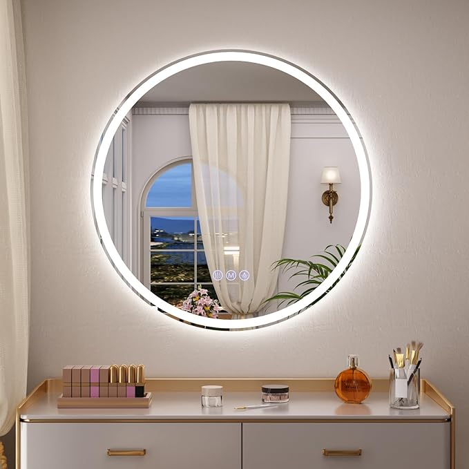 BEAUTYPEAK 30x30 LED Round Bathroom Mirror with Lights, Anti-Fog, Dimmable, Backlit + Front Lit, Lighted Bathroom Vanity Mirror for Wall, 3 Colors, Memory Function, Tempered Glass, Shatter-Proof