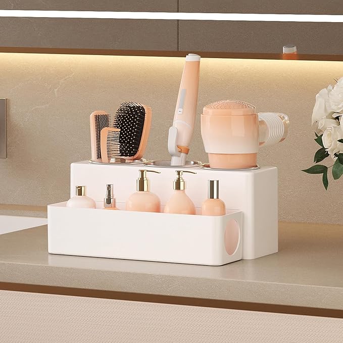 Lifewit Hair Tool Organizer Countertop, Removable Blow Dryer Holder for Bathroom, Acrylic Hot Tools Organizer Storage for Curling Iron, Brush, Straightener, 3 Stainless Cups, White, 30 cm/12 inch(L)