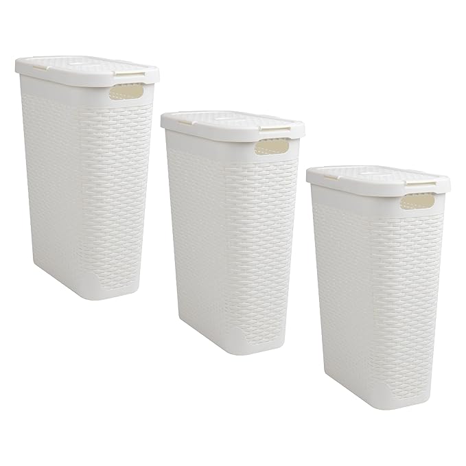 Mind Reader 40L Slim Laundry Hamper, Clothes Basket, Lid, Premium Wicker Design, Plastic, Set of 3, White