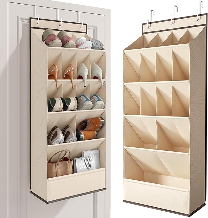Over the Door Shoe Rack with Large Deep Pockets, Door Shoes Organizer for Closet, Hanging Boots Shoe Rack, Behind the Door Narrow Shoe Holder, Multiple Pockets for Flexible Storage, Beige ﻿