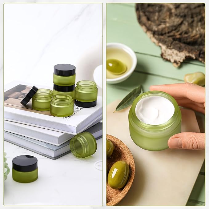 Domensi 100 Pcs 1 oz Glass Jars with Lids Bulk Round Glass Cosmetic Jars for DIY Lip Balm Small Travel Containers with Inner Liner for Lotions Powders Ointments Sample Cream(Bean Green,Black)