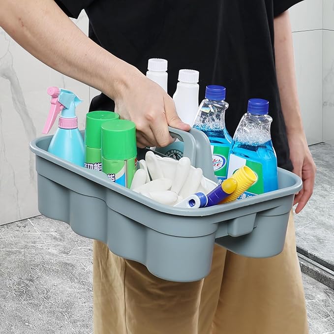 4 Packs 2 Compartment Plastic Cleaning Supplies Caddy, Multipurpose Portable Carry Tote with Handle, Grey
