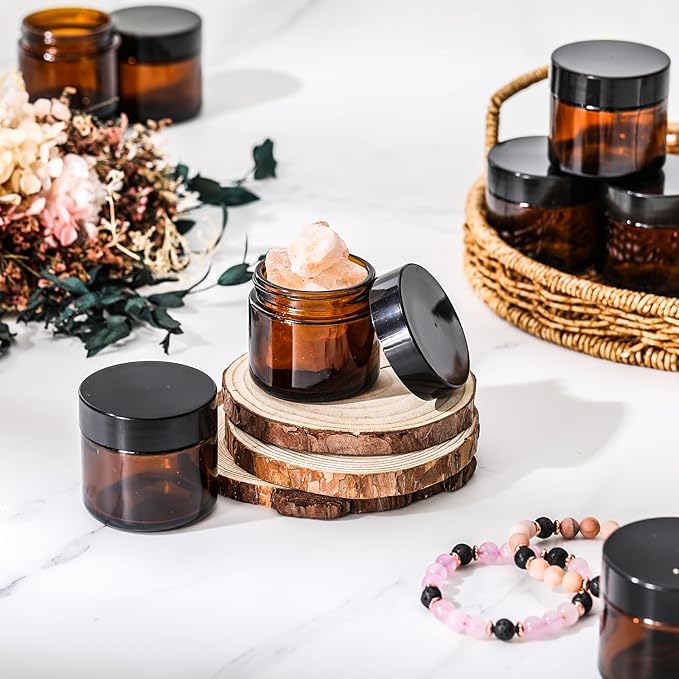 Domensi 12 Pcs 2 oz Glass Jars with Lids Travel Size Round Leakproof Empty Cosmetic Jars with Inner Liners Lid for Storing Makeup Lotions Face Cream Ointments Candle DIY Making (Amber)