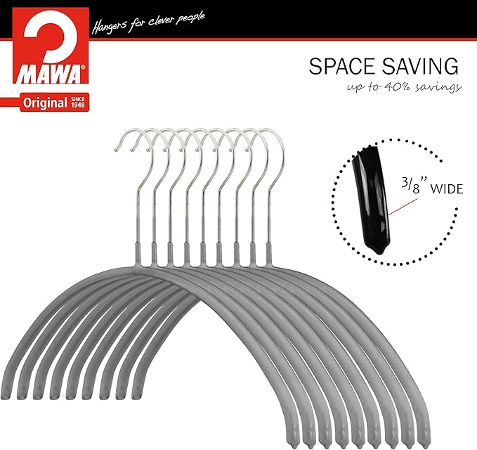 Mawa Narrow Petite Clothing Hangers, Steel Hanger with Non-Slip Coating, for Shirts, Blouses, Dresses, Light Jackets, 360-degree Rotatable Hook, Set of 10, Silver