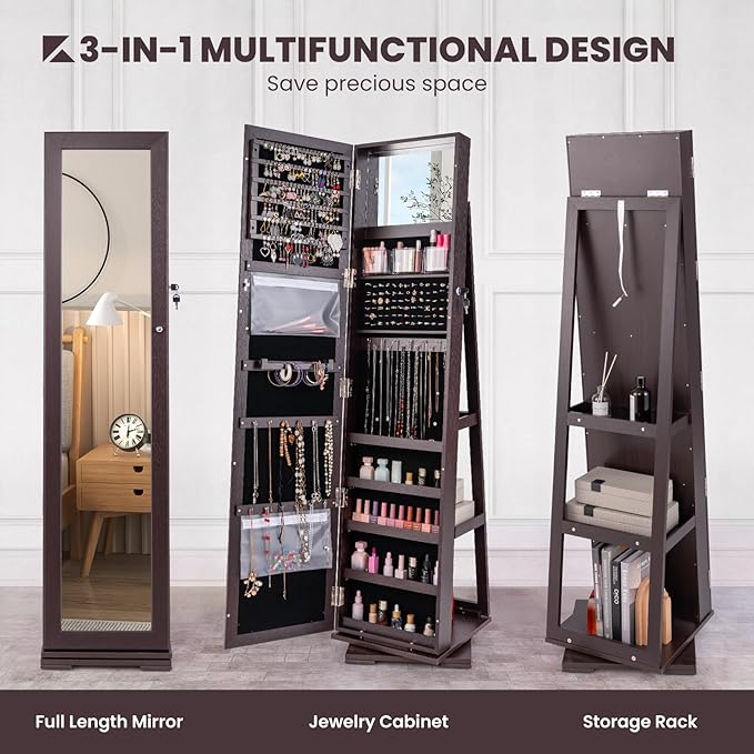 CHARMAID 360° Swivel Jewelry Armoire with Full Length Mirror, Standing Lockable Jewelry Cabinet Organizer, Large Storage Capacity, Inside Makeup Mirror, Back Storage Shelves (Espresso)