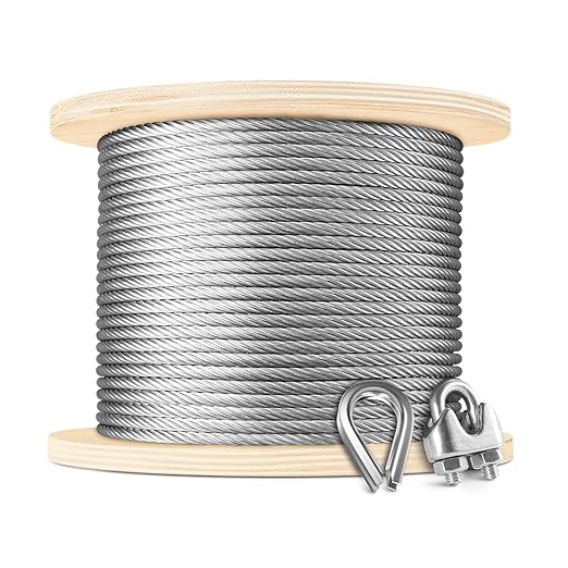 NEREUS 1/4" Stainless Steel Cable 250FT, 7x19 Strand Heavy-Duty Wire Rope with Clamps & Thimbles, 6400 lbs Breaking Strength for Backyard Zipline, Deck Railing, Clothesline and Outdoor Use
