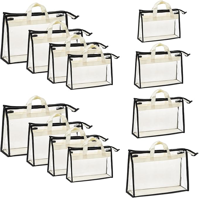 Peohud 12 Pack Clear Handbag Storage Organizer, Dust Bags for Handbags, Transparent Purse Organizer for Closet, Hanging Handbags Dust Cover Bags with Zipper, Handles and Hooks