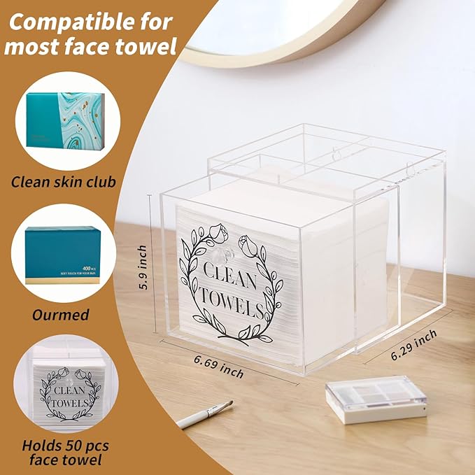 Disposable Face Towel Holder, Acrylic Storage Box for Clean Skin Club Face Towels, Laundry Sheet Holder, Dryer Sheet Holder, with Movable Dividers and Small Diamond Handles Acrylic Towel Container Box