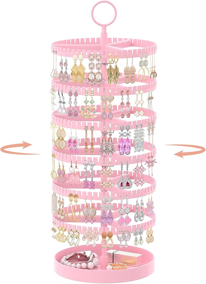 iDavosic.ly 6 Tier Rotating Earring Holder Organizer with Metal Tray, Adjustable Plastic Dangle Display Stands Tree with 342 Grooves, Large Hoop Storage Rack Tower, Pink
