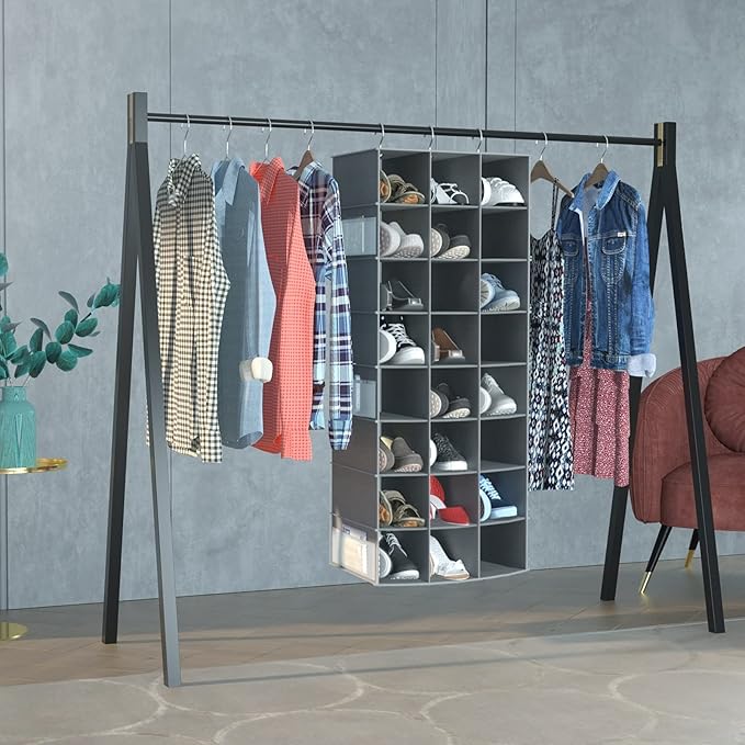 coastal rose Hanging Shoe Organizer for Closet, 24 Sections Shoe Holder Hanger Rack, Space-Saving Shoe Organizers and Storage, Grey