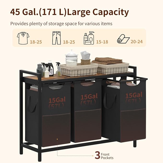 Heybly Laundry Hampers, 3 × 15 Gal (171 L) Laundry Basket with Large Desktop Sorter for Laundry Room Organization, Bathroom and Dorm Laundry Bags on Storage Shelf, Rustic Brown HLH003SR