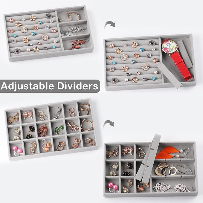 Jewelry Trays,Grey Velvet Stackable Organizer Trays,Drawer Inserts Jewelry Display Case For Rings Stud Necklaces Earring Organizer Tray for Women Girls-8 Pack