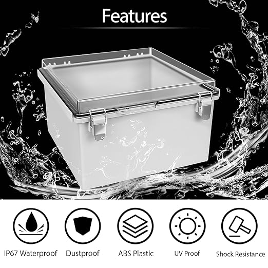 LeMotech Electrical Box, IP67 Waterproof Hinged Clear Cover Stainless Steel Latch Junction Box, ABS Plastic Electrical Enclosure with Mounting Plate,Wall Brackets, Cable Glands,11.8"x11.8"x7.1", Grey