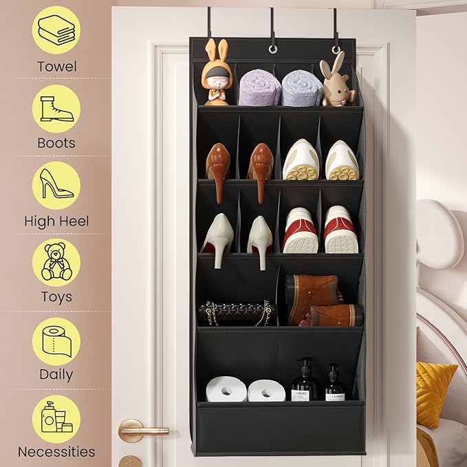 Over the Door Shoe Rack with Large Deep Pockets, Door Shoes Organizer for Closet, Hanging Boots Shoe Rack, Behind the Door Narrow Shoe Holder, Multiple Pockets for Flexible Storage, Black ﻿