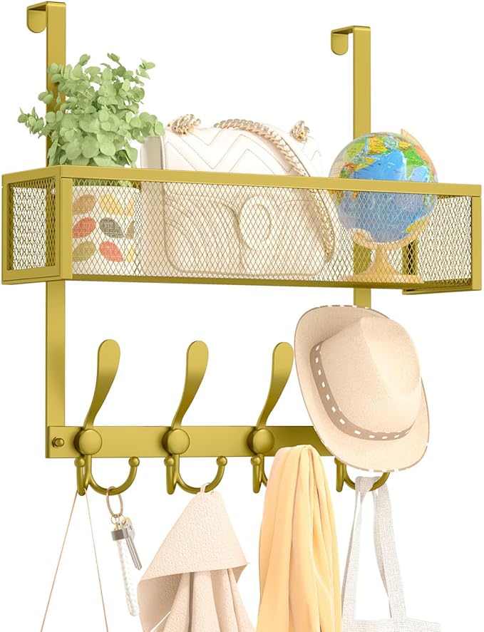 Over The Door Hooks Organizer,Over Door Hanger Towel Rack Mesh Basket with 12 Hooks,Back of Door Storage Organizer for Bedroom,Bathroom,Kitchen,Office(Gold)