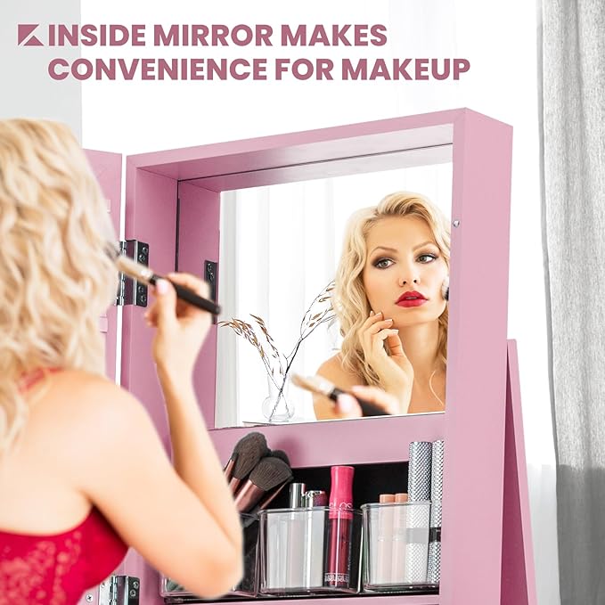 CHARMAID 360° Swivel Jewelry Armoire with Full Length Mirror, Standing Lockable Jewelry Cabinet Organizer, Large Storage Capacity, Inside Makeup Mirror, Back Storage Shelves (Pink)